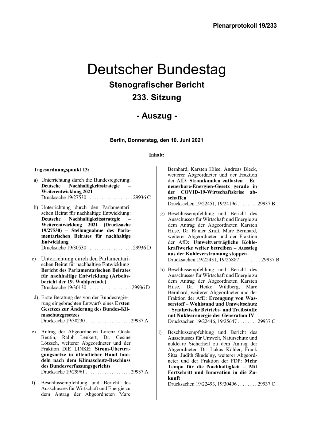 Deutscher Bundestag Stenografischer Bericht 233