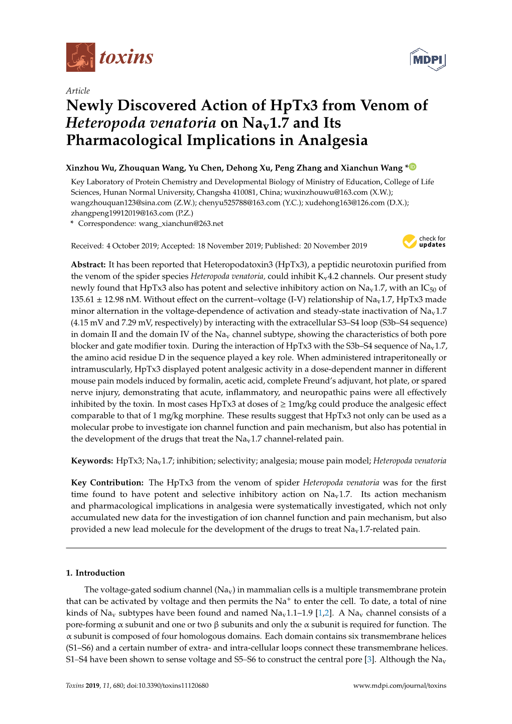 Newly Discovered Action of Hptx3 from Venom of Heteropoda Venatoria on Nav1.7 and Its Pharmacological Implications in Analgesia