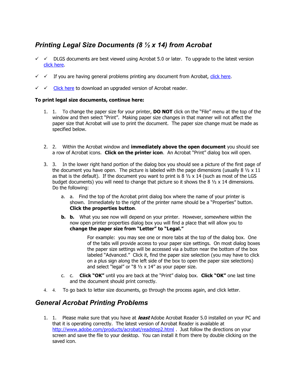 Printing Legal Size Documents (8 ½ X 14) from Acrobat