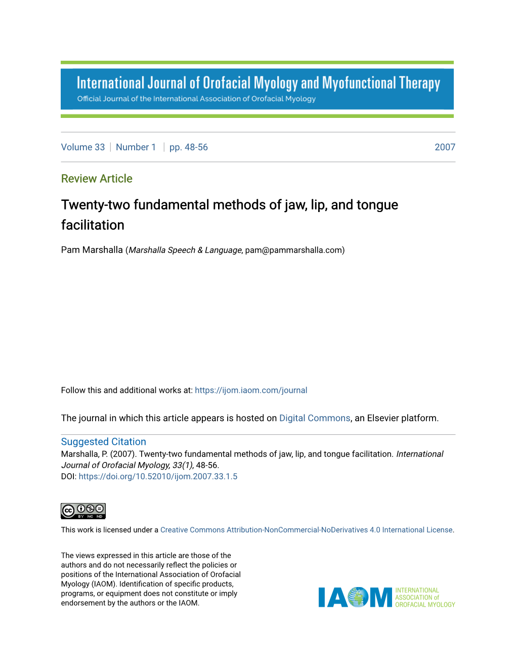 Twenty-Two Fundamental Methods of Jaw, Lip, and Tongue Facilitation