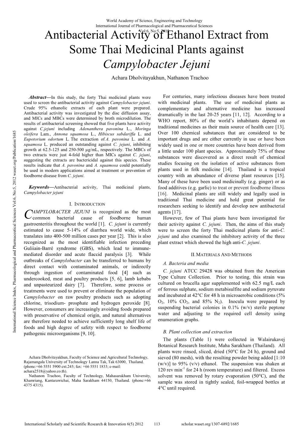 Antibacterial Activity of Ethanol Extract from Some Thai Medicinal Plants Against Campylobacter Jejuni