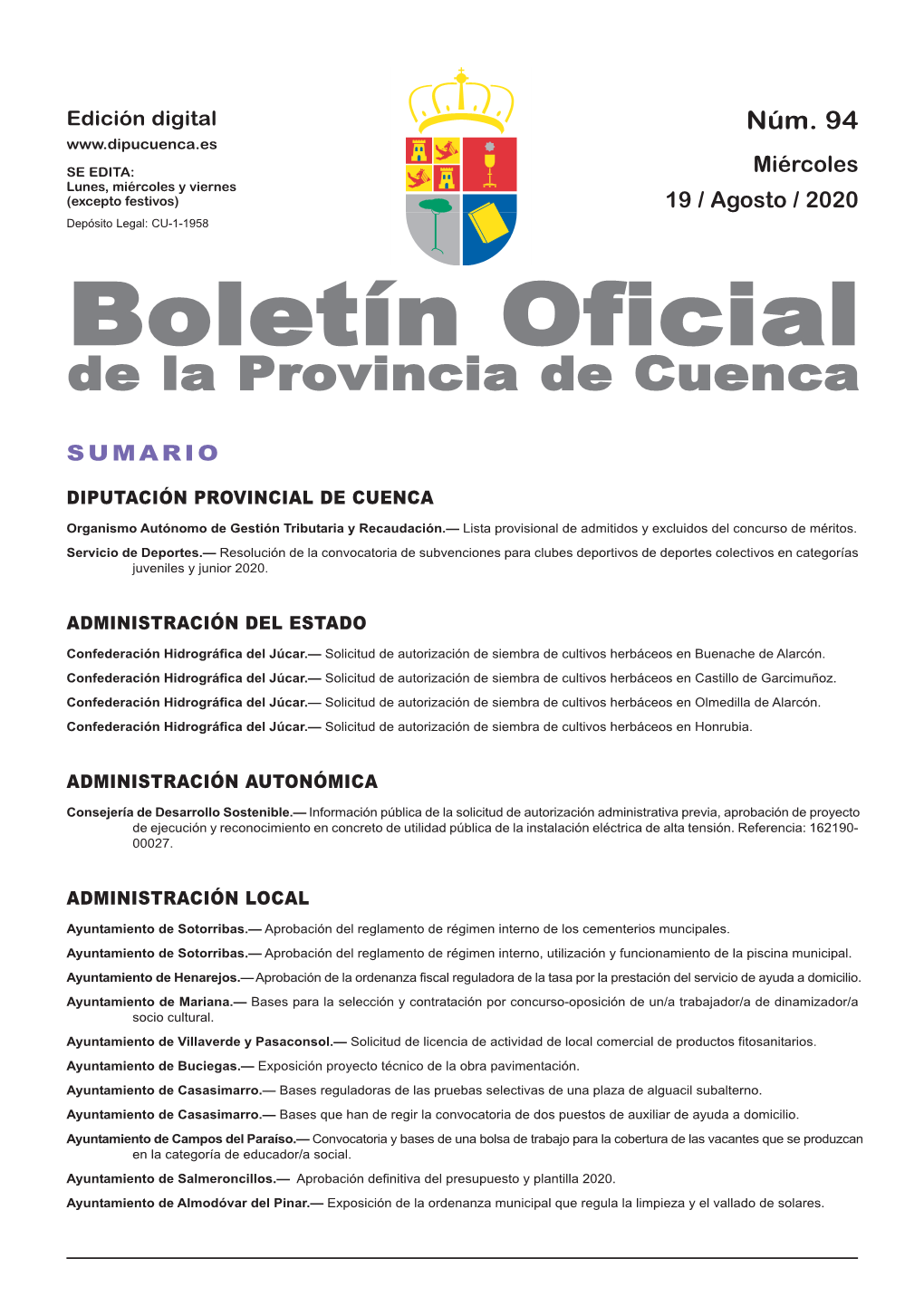 Boletín Oficial De La Provincia De Cuenca Sumario Diputación Provincial De Cuenca