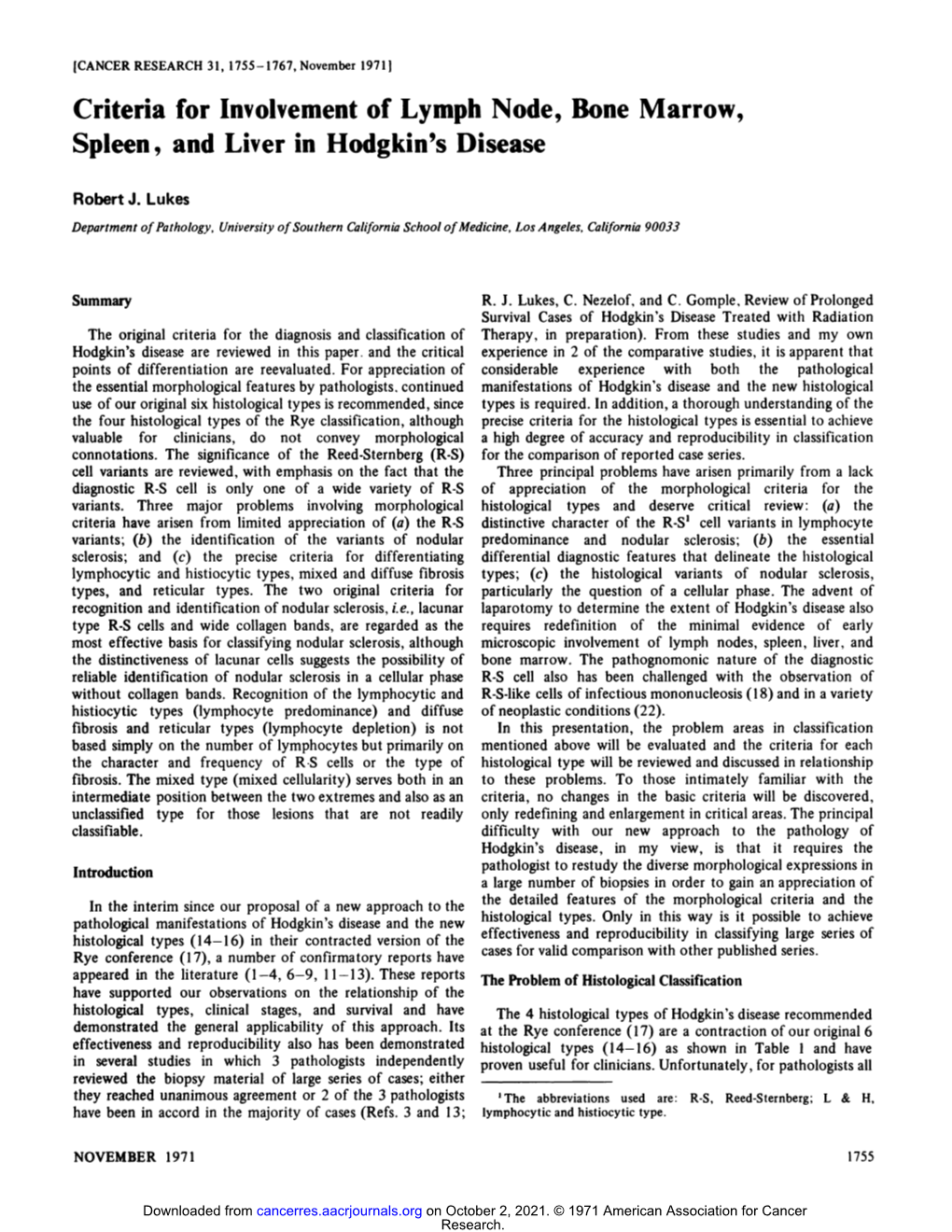 Criteria for Involvement of Lymph Node, Bone Marrow, Spleen, and Liver in Hodgkin's Disease