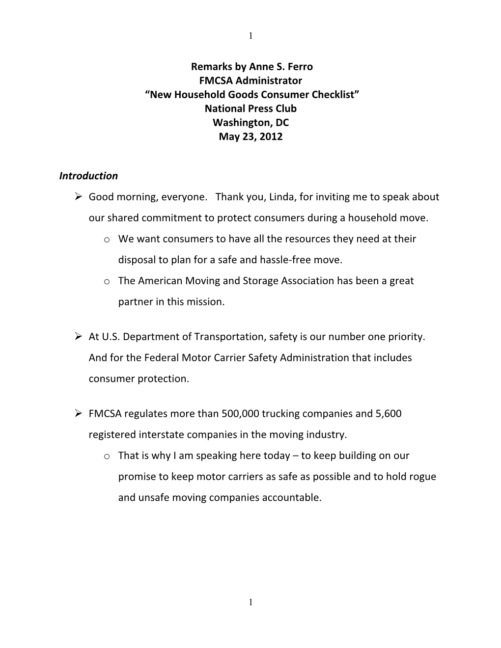 New Household Goods Consumer Checklist” National Press Club Washington, DC May 23, 2012