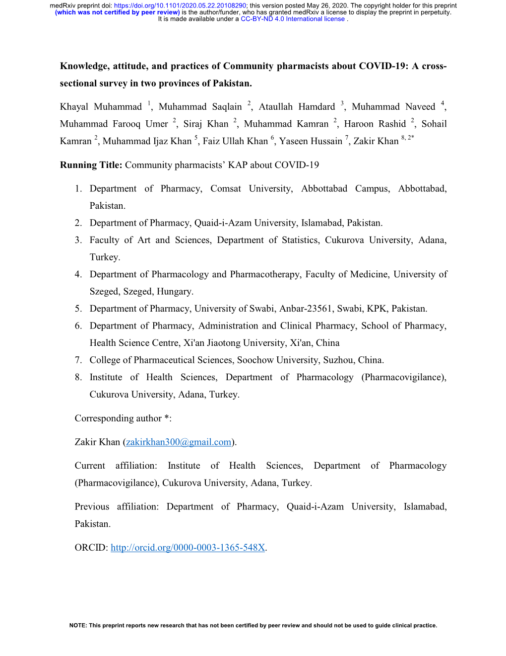 Knowledge, Attitude, and Practices of Community Pharmacists About COVID-19: a Cross-Sectional Survey in Two Provinces of Pakista