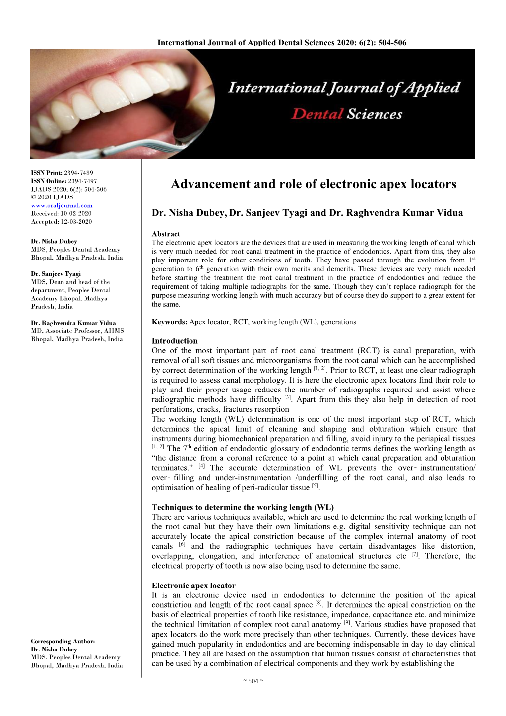 Advancement and Role of Electronic Apex Locators © 2020 IJADS Received: 10-02-2020 Dr