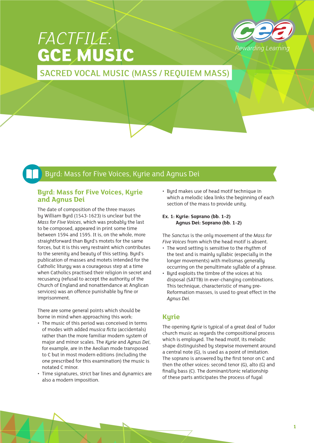 Factfile: Gce Music Sacred Vocal Music (Mass / Requiem Mass)