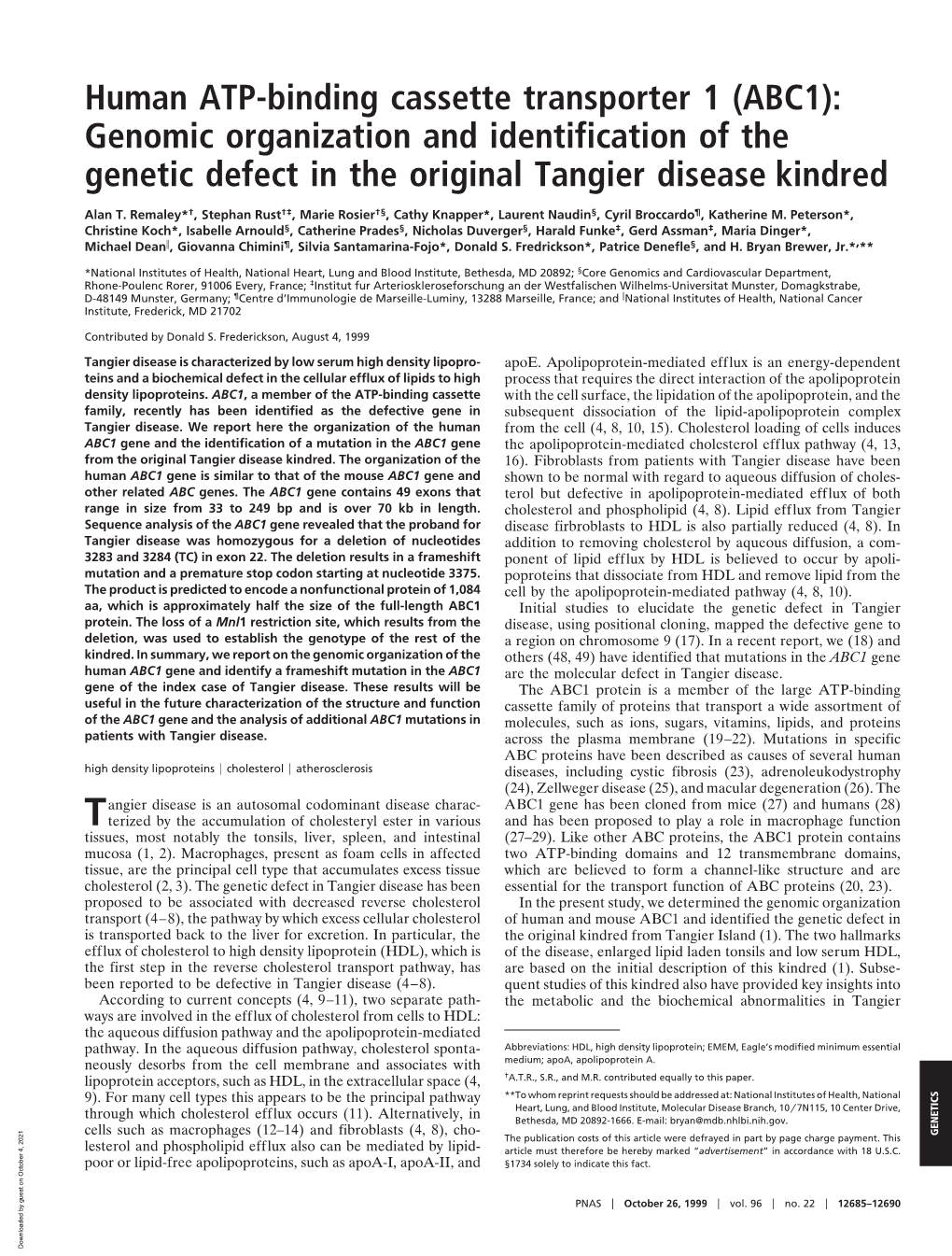 Genomic Organization and Identification of the Genetic Defect in the Original Tangier Disease Kindred