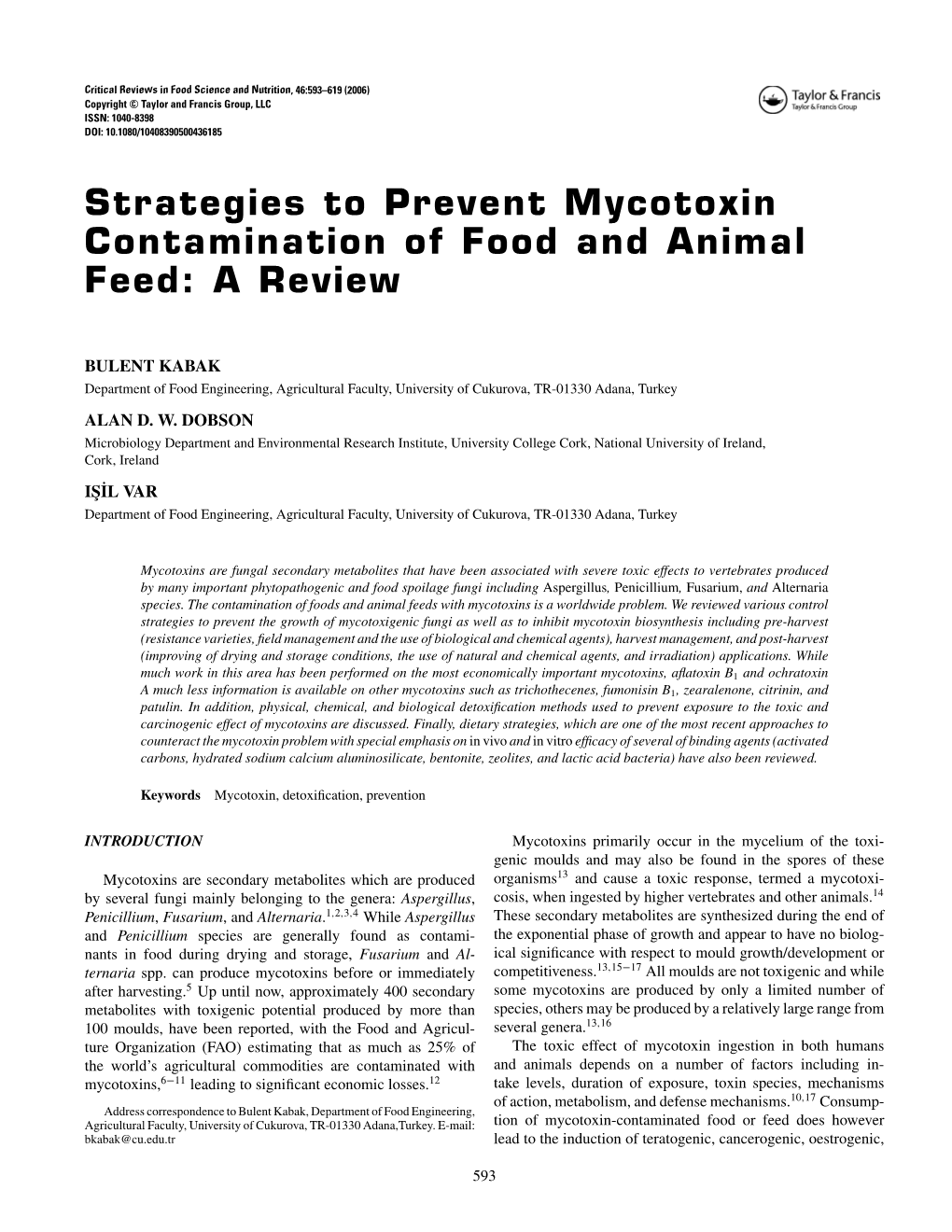 Strategies to Prevent Mycotoxin Contamination of Food and Animal Feed: a Review