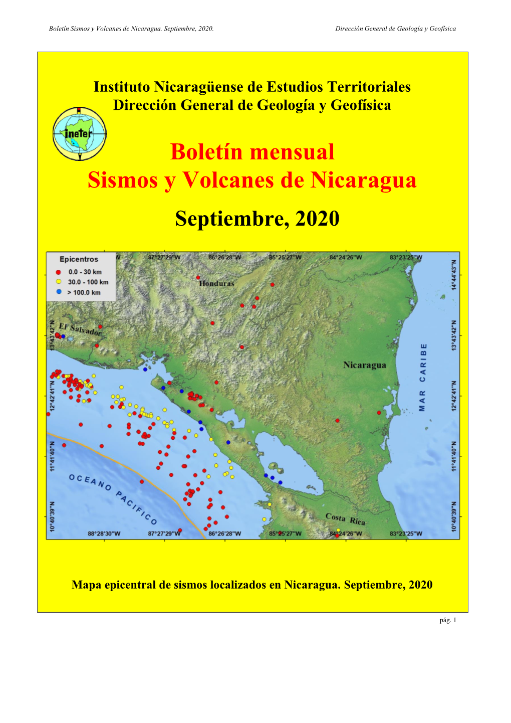 Boletín Mensual Sismos Y Volcanes De Nicaragua Septiembre, 2020