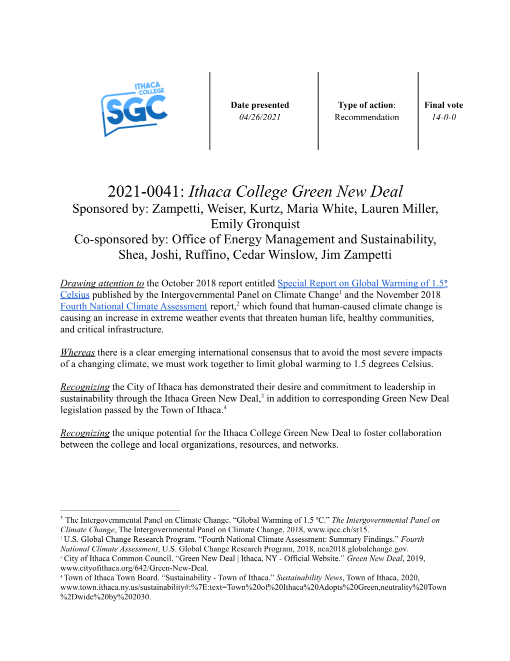 2021-0041: Ithaca College Green New Deal