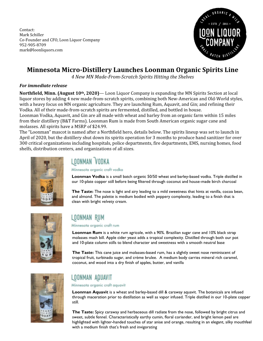 Minnesota Micro-Distillery Launches Loonman Organic Spirits Line 4 New MN Made-From-Scratch Spirits Hitting the Shelves