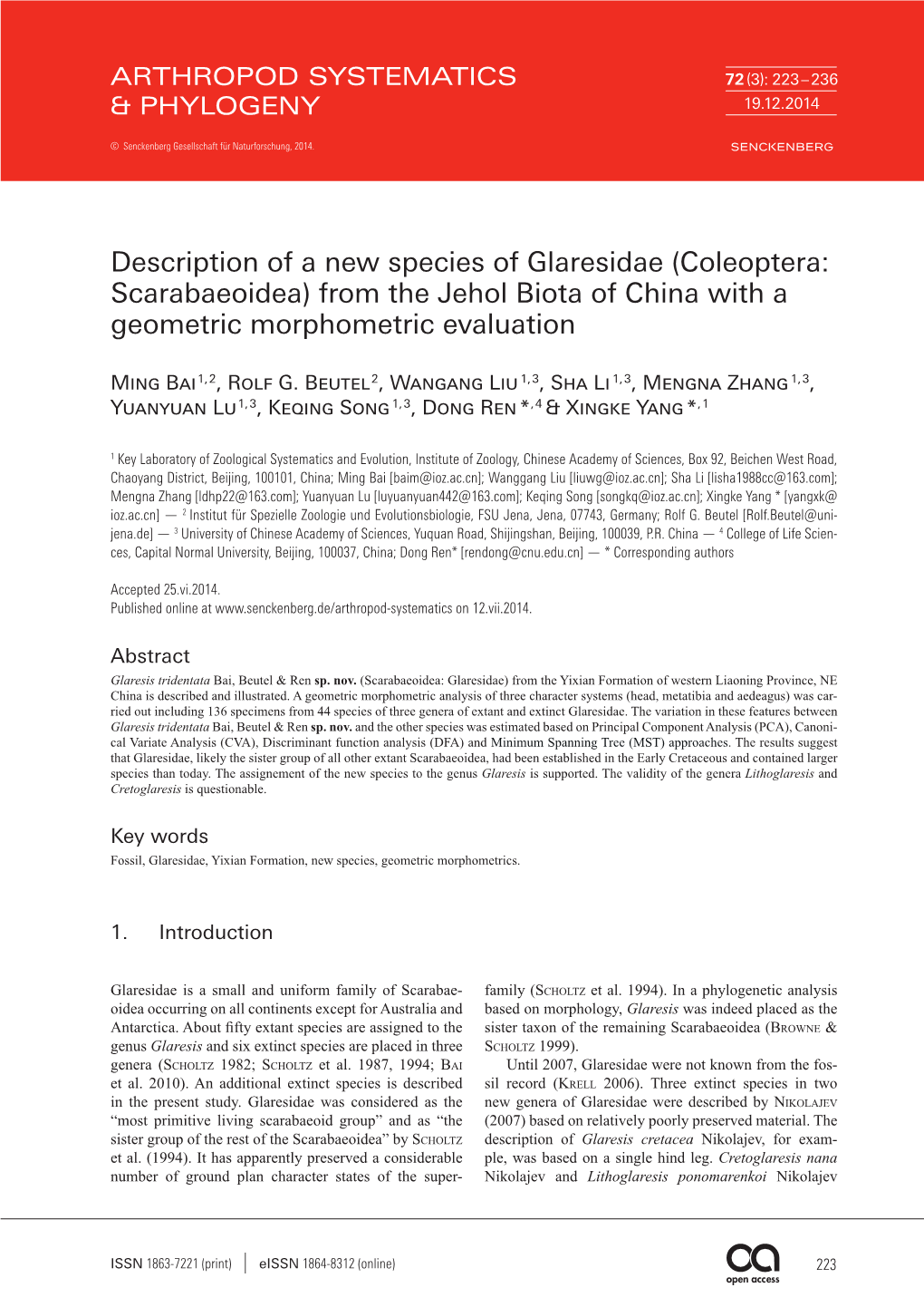 Description of a New Species of Glaresidae (Coleoptera: Scarabaeoidea) from the Jehol Biota of China with a Geometric Morphometric Evaluation