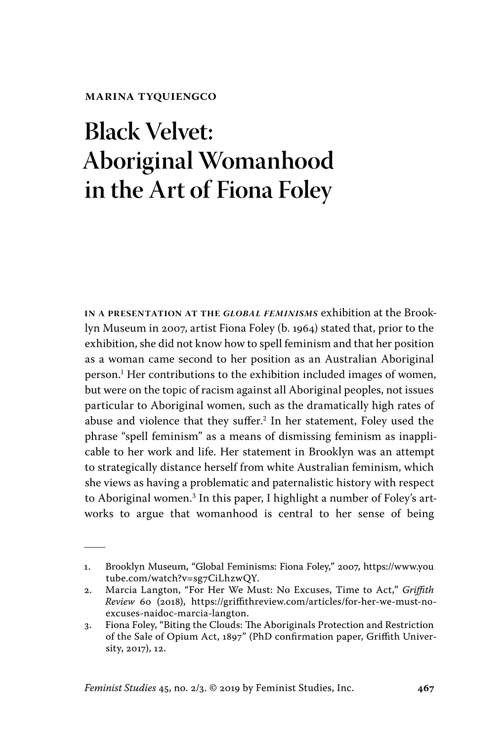 Black Velvet: Aboriginal Womanhood in the Art of Fiona Foley