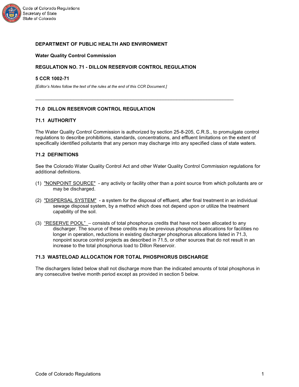 Code of Colorado Regulations 1 Discharge Allowed Phosphorus Discharge (Lb./Yr.) Major Municipal