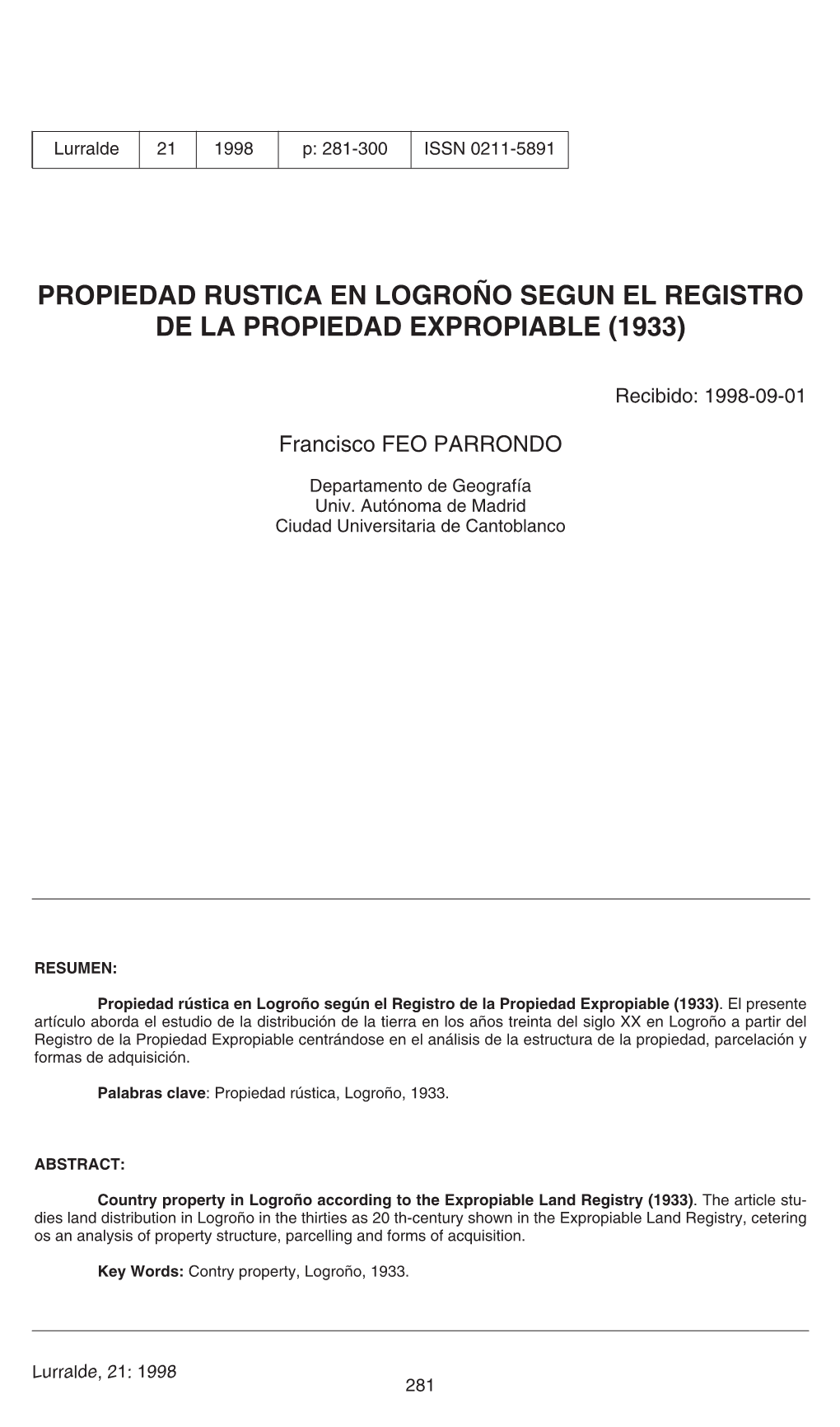 Propiedad Rústica En Logroño Según El Registro De La Propiedad Expropiable (1933)