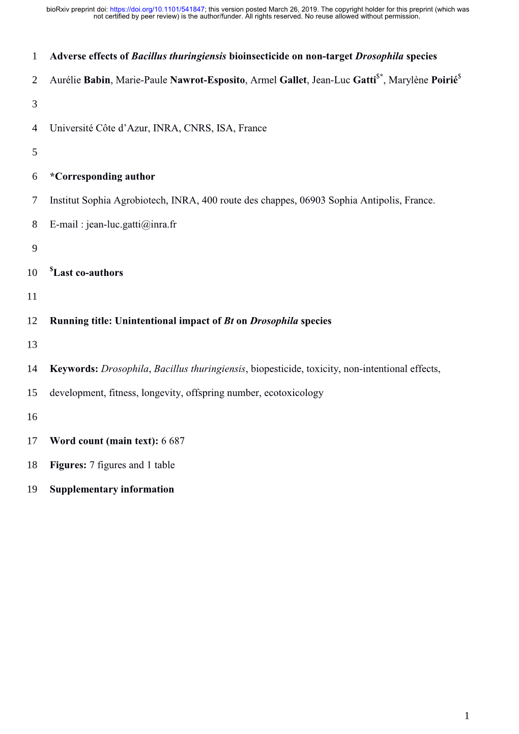 1 Adverse Effects of Bacillus Thuringiensis Bioinsecticide on Non-Target Drosophila Species