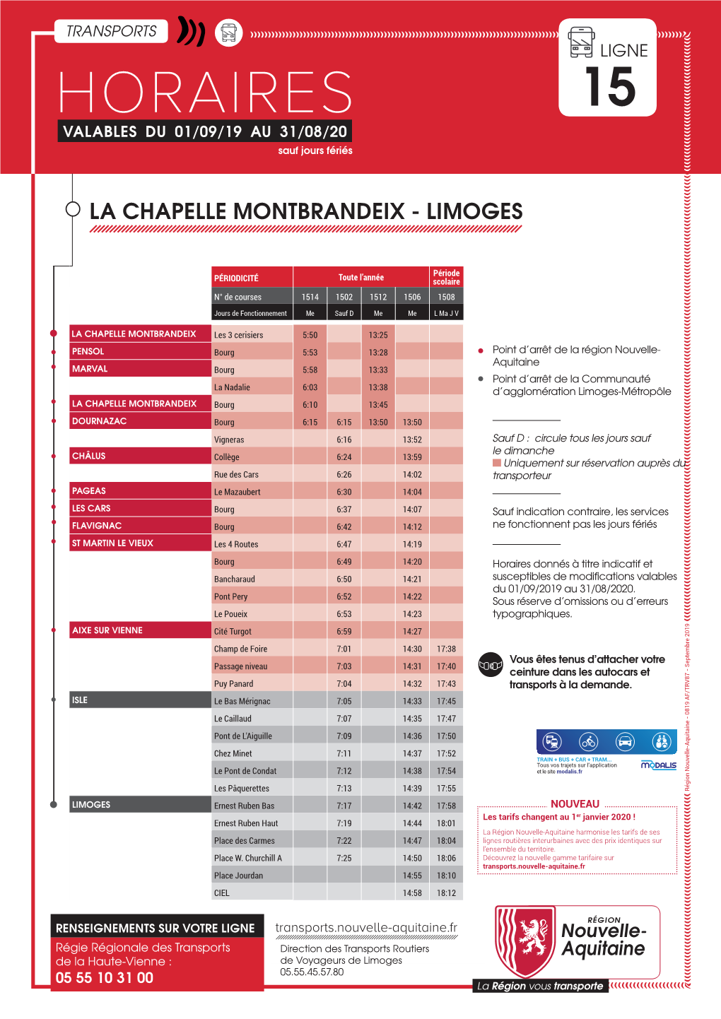 HORAIRES 15 VALABLES DU 01/09/19 AU 31/08/20 Sauf Jours Fériés