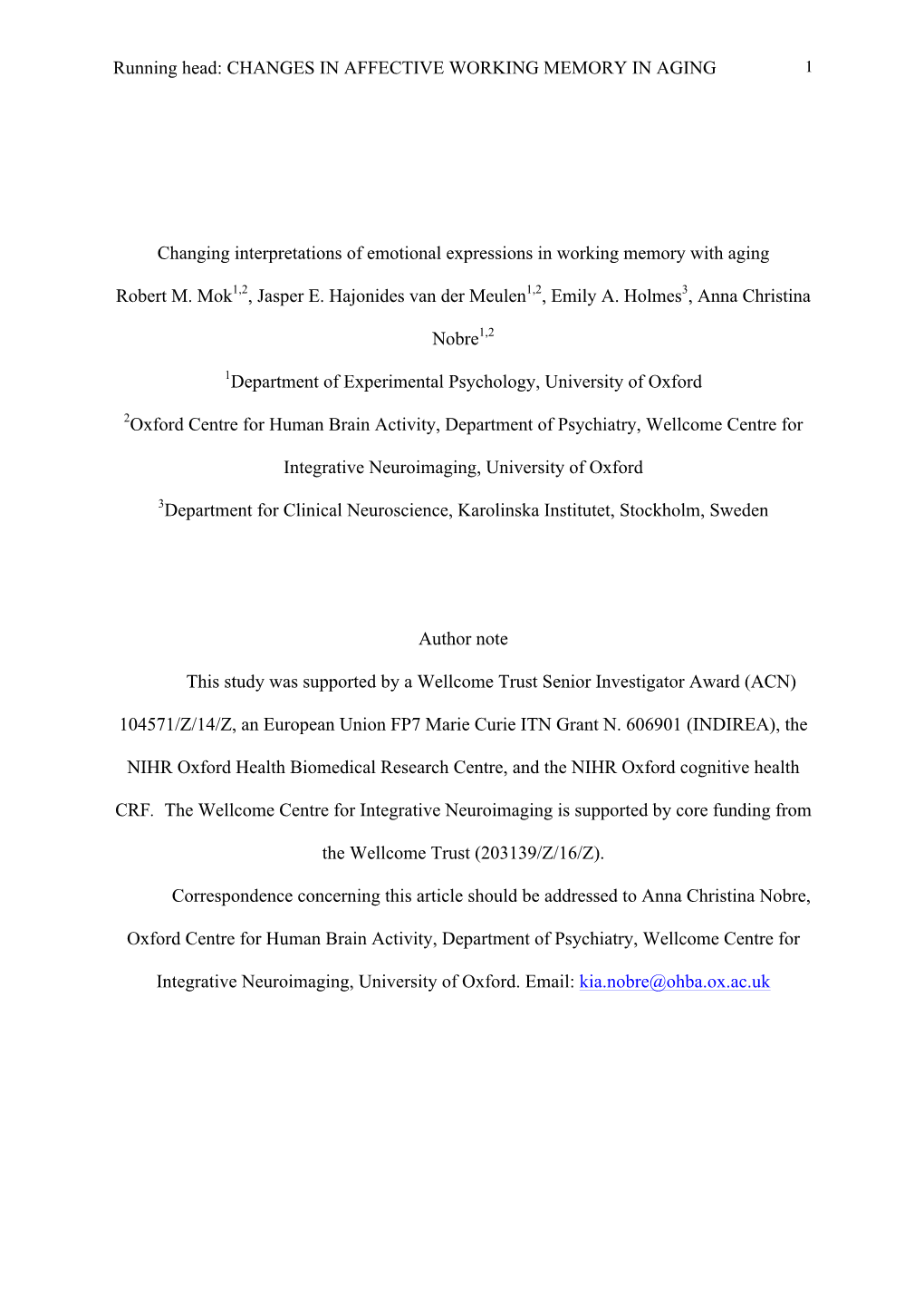 CHANGES in AFFECTIVE WORKING MEMORY in AGING Changing Interpretations of Emotional Expressions in Working Memory W