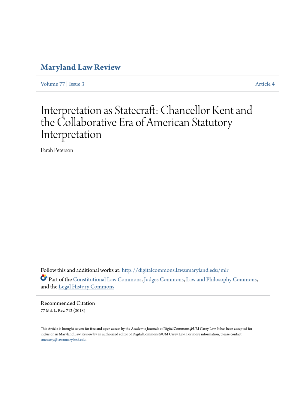 Chancellor Kent and the Collaborative Era of American Statutory Interpretation Farah Peterson