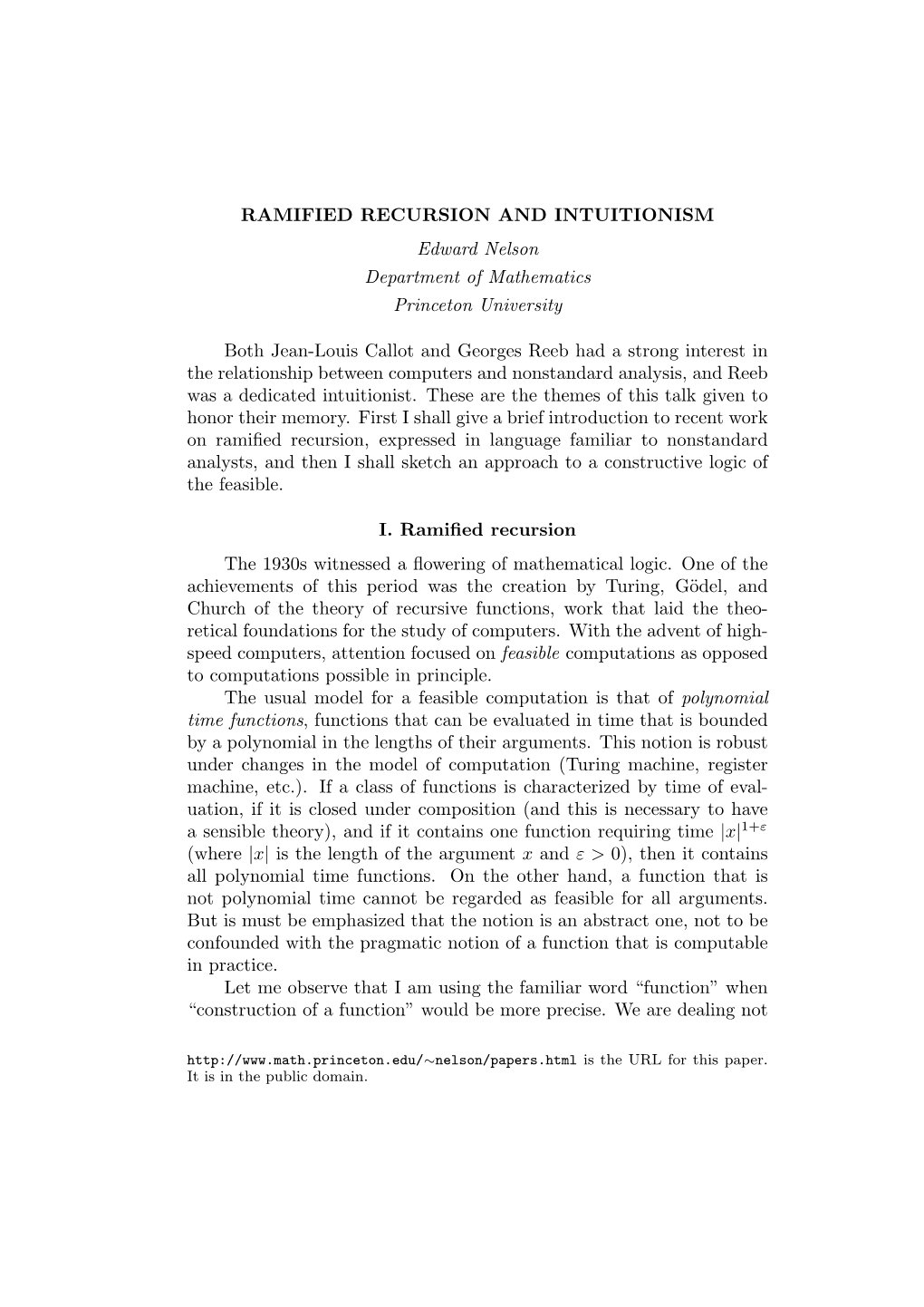 RAMIFIED RECURSION and INTUITIONISM Edward Nelson Department of Mathematics Princeton University