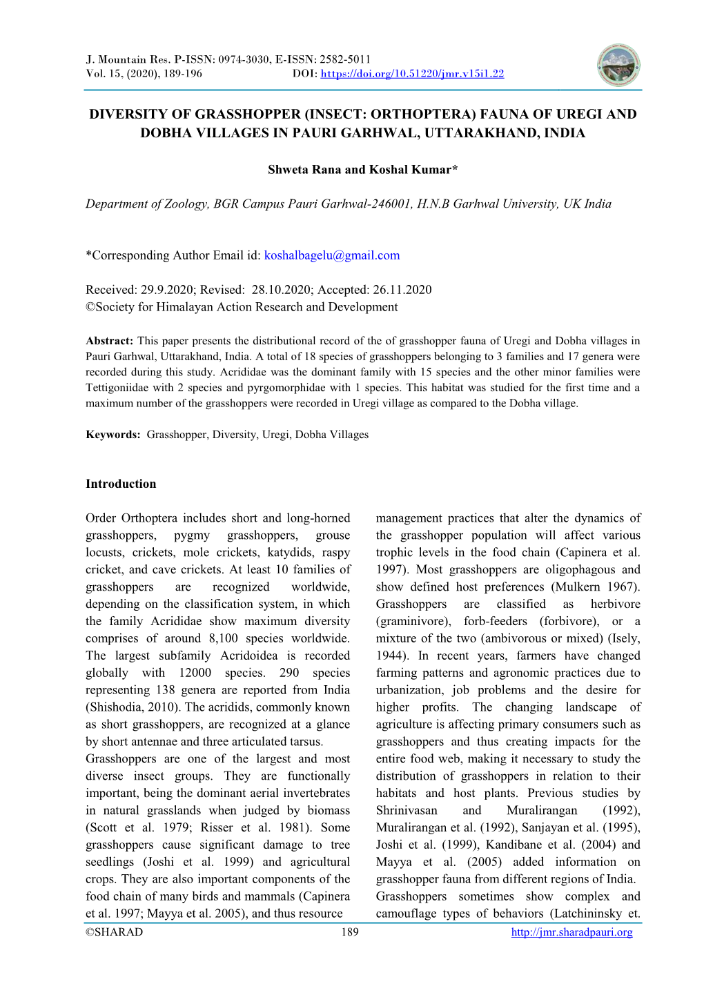 Diversity of Grasshopper (Insect: Orthoptera) Fauna of Uregi and Dobha Villages in Pauri Garhwal, Uttarakhand, India