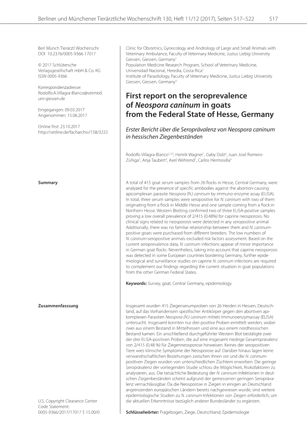 First Report on the Seroprevalence of Neospora Caninum in Goats from the Federal State of Hesse, Germany