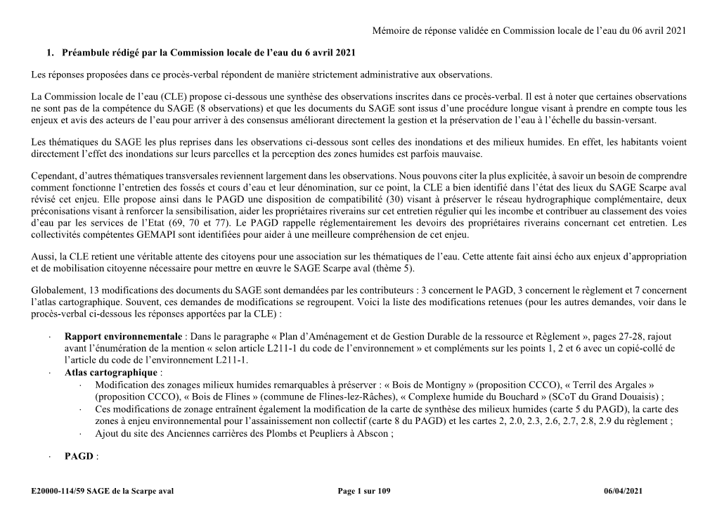 Mémoire De Réponse Validée En Commission Locale De L'eau Du 06 Avril 2021 1. Préambule Rédigé Par La Commission Locale D