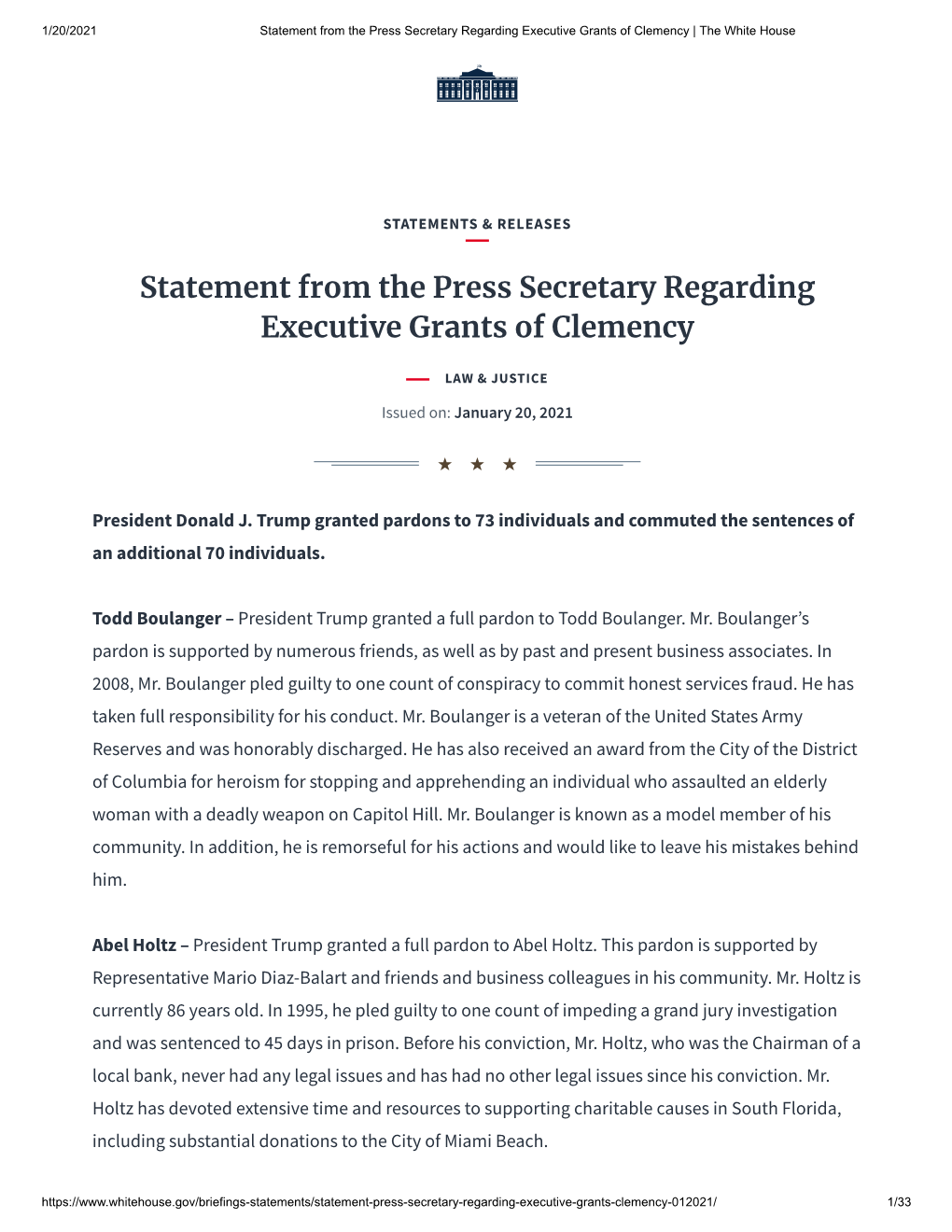 Statement from the Press Secretary Regarding Executive Grants of Clemency | the White House
