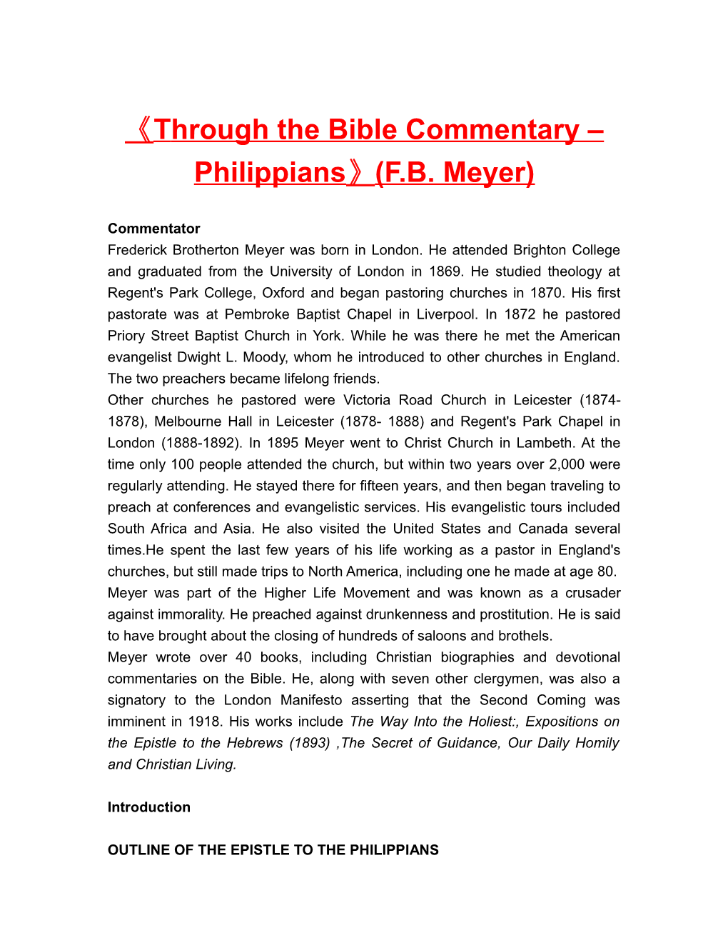 Through the Bible Commentary Philippians (F.B. Meyer)