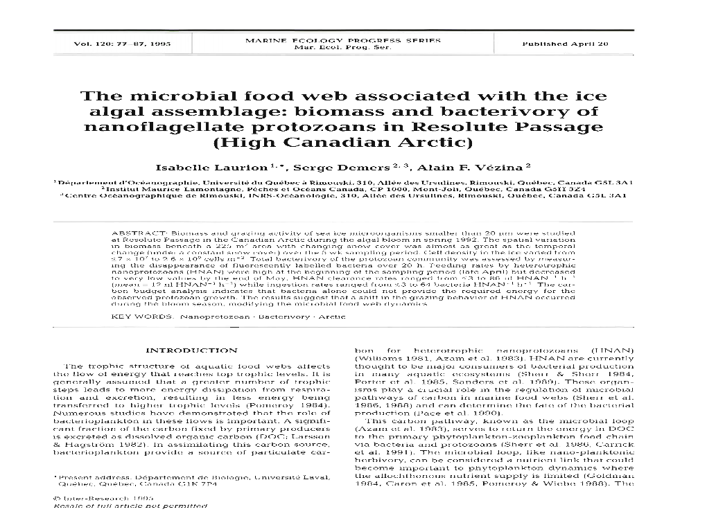 The Microbial Food Web Associated with the Ice Algal Assemblage: Biomass and Bacterivory of Nanoflagellate Protozoans in Resolute Passage (High Canadian Arctic)