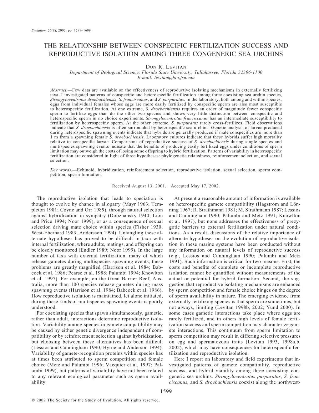 The Relationship Between Conspecific Fertilization Success and Reproductive Isolation Among Three Congeneric Sea Urchins