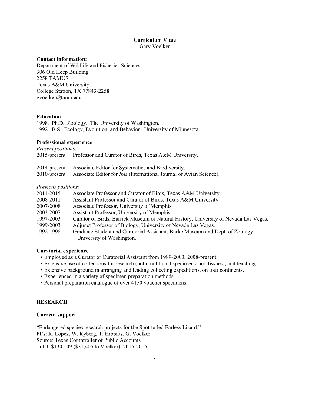 Curriculum Vitae Gary Voelker Contact Information: Department Of