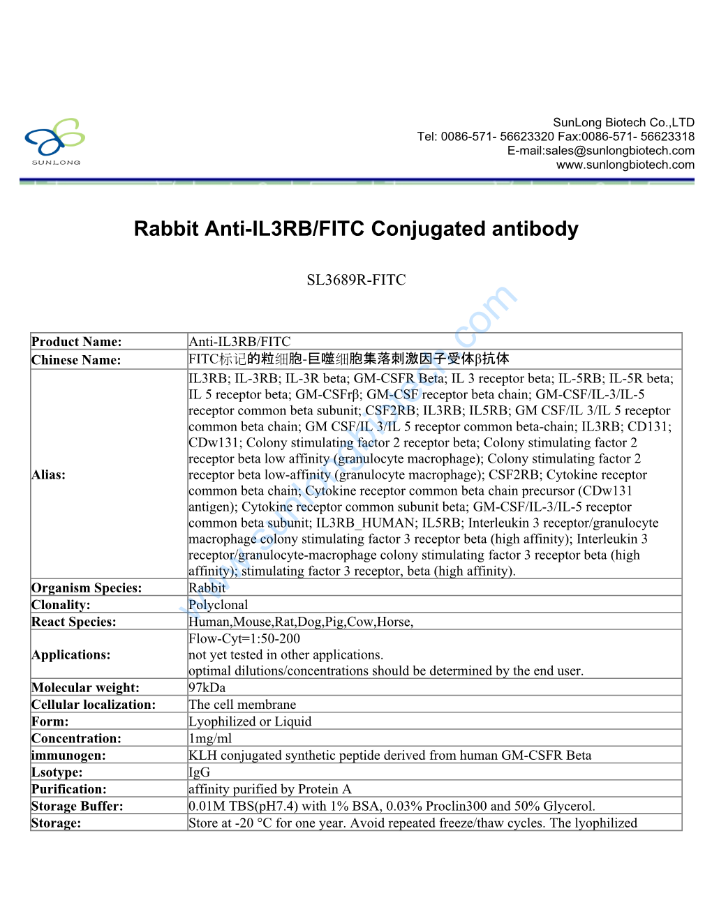 Rabbit Anti-IL3RB/FITC Conjugated Antibody-SL3689R-FITC