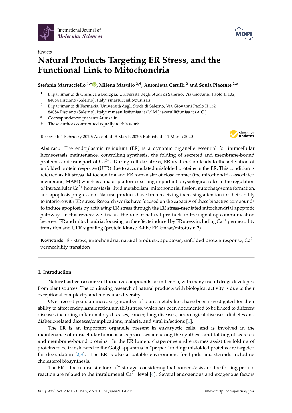 Natural Products Targeting ER Stress, and the Functional Link to Mitochondria