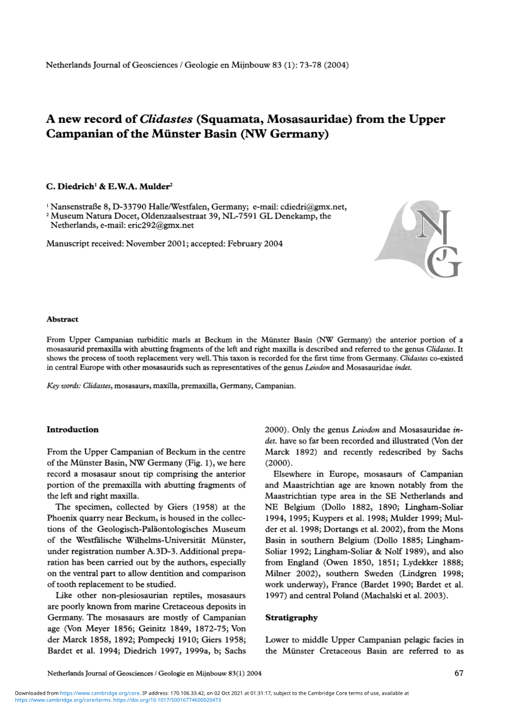 A New Record of Clidastes (Squamata, Mosasauridae) from the Upper Campanian of the Munster Basin (NW Germany)