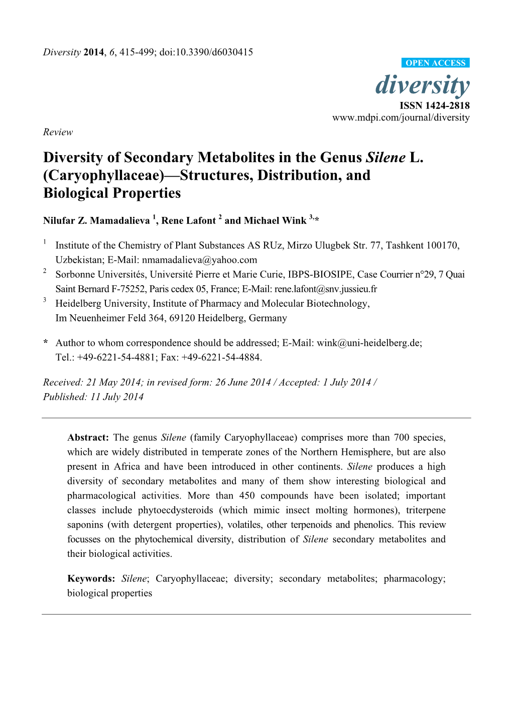 Diversity of Secondary Metabolites in the Genus Silene L. (Caryophyllaceae)—Structures, Distribution, and Biological Properties