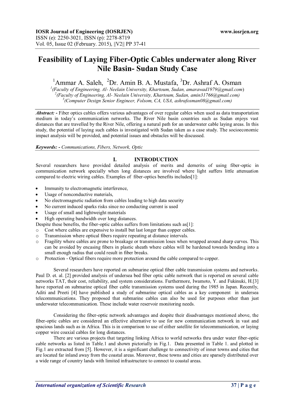 Feasibility of Laying Fiber-Optic Cables Underwater Along River Nile Basin- Sudan Study Case