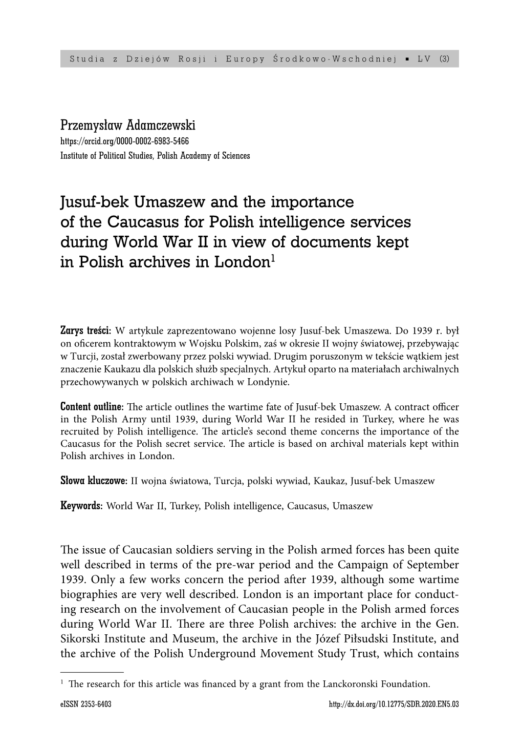 Jusuf-Bek Umaszew and the Importance of the Caucasus for Polish Intelligence Services During World War II in View of Documents Kept in Polish Archives in London1