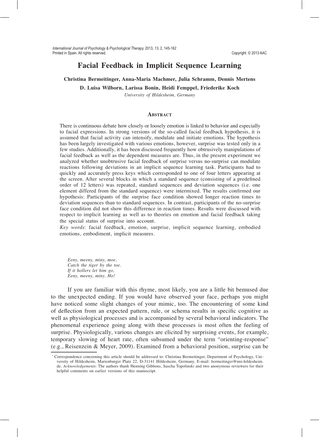 Facial Feedback in Implicit Sequence Learning