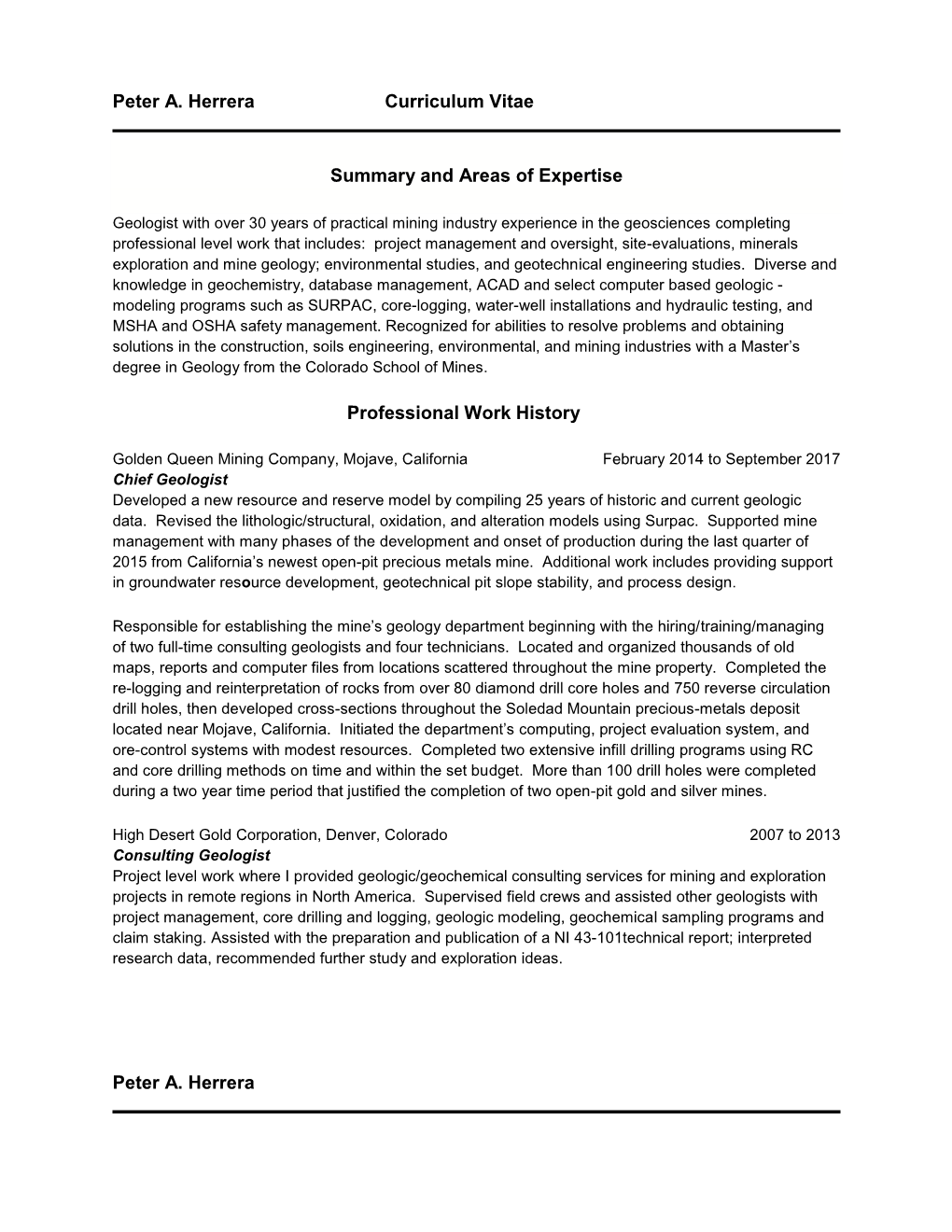 Peter A. Herrera Curriculum Vitae Summary and Areas of Expertise