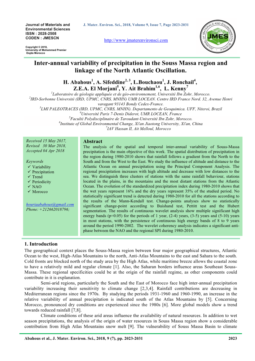 Inter-Annual Variability of Precipitation in the Souss Massa Region and Linkage of the North Atlantic Oscillation