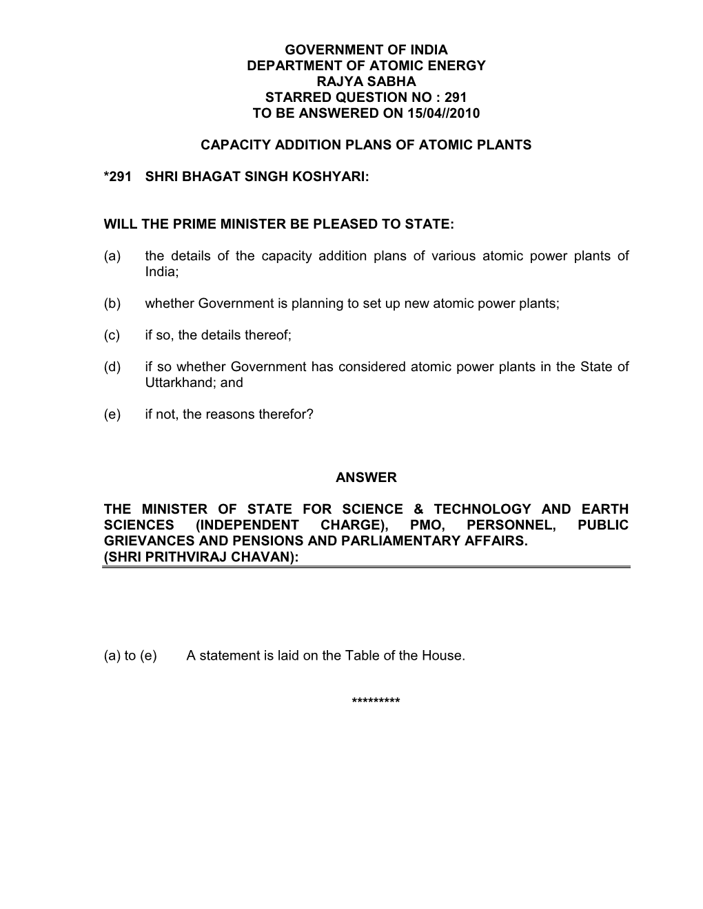 Capacity Addition Plans of Atomic Plants