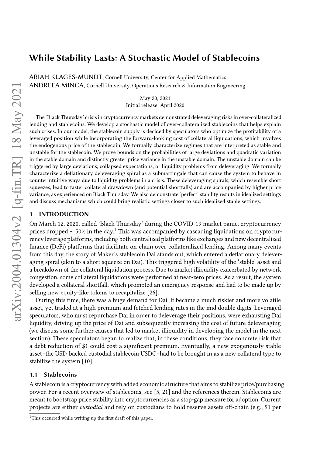 A Stochastic Model of Stablecoins