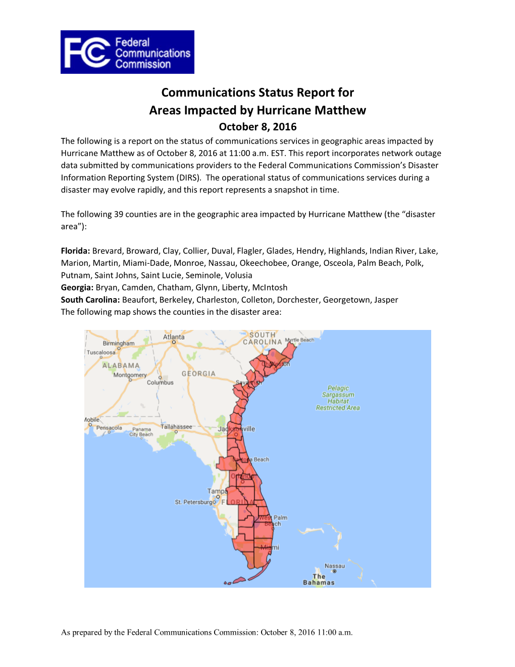 Communications Status Report for Areas Impacted by Hurricane Matthew