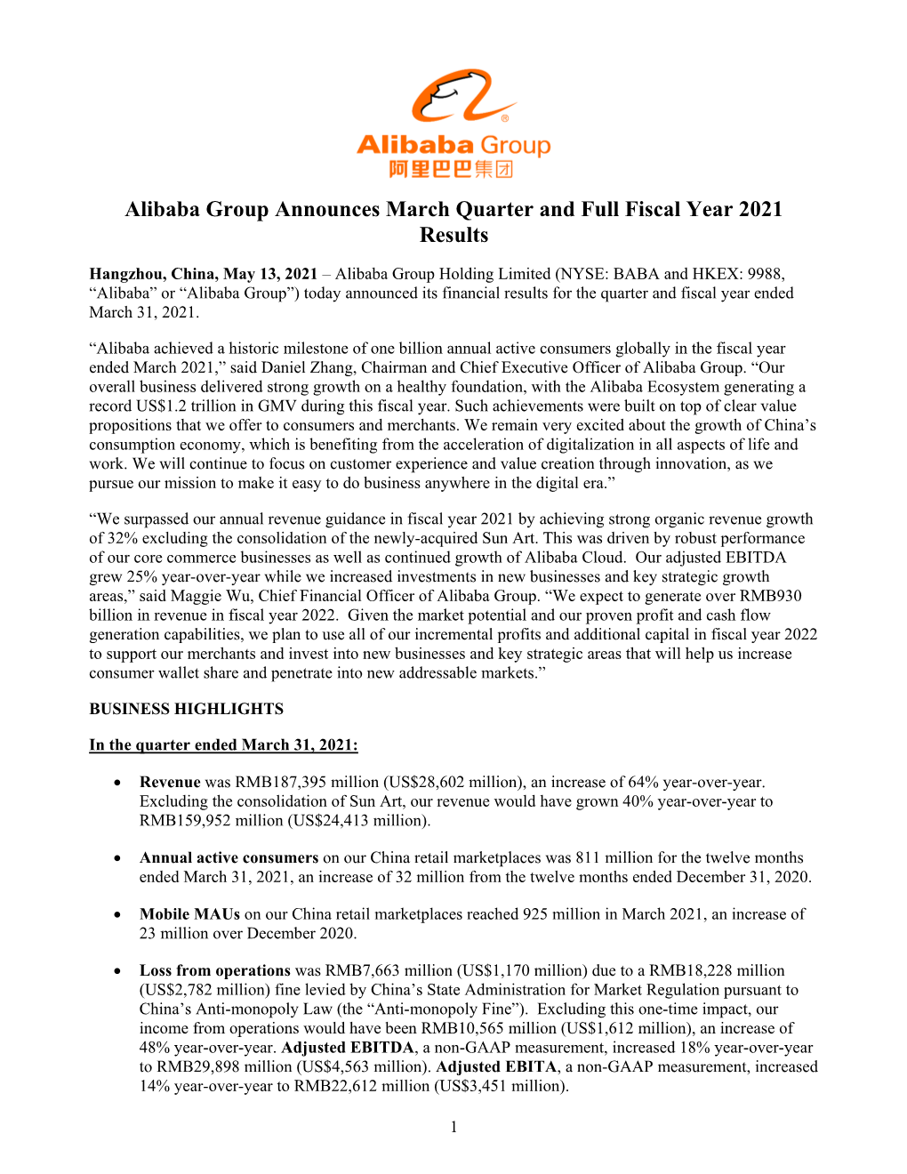 Alibaba Group Announces March Quarter and Full Fiscal Year 2021 Results