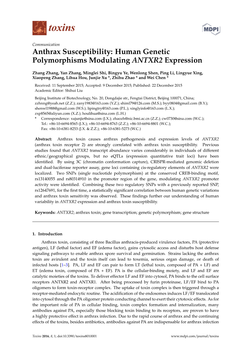 Anthrax Susceptibility: Human Genetic Polymorphisms Modulating ANTXR2 Expression