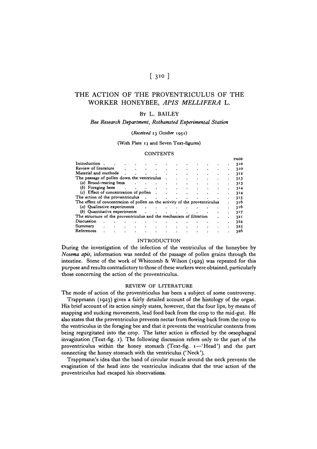 The Action of the Proventriculus of the Worker Honeybee, Apis Mellifera L. by L