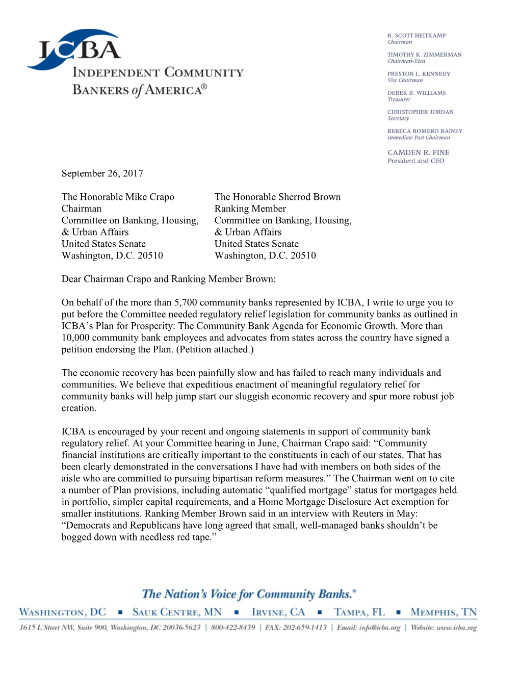 ICBA Letter Urging Regulatory Relief Legislation for Community Banks