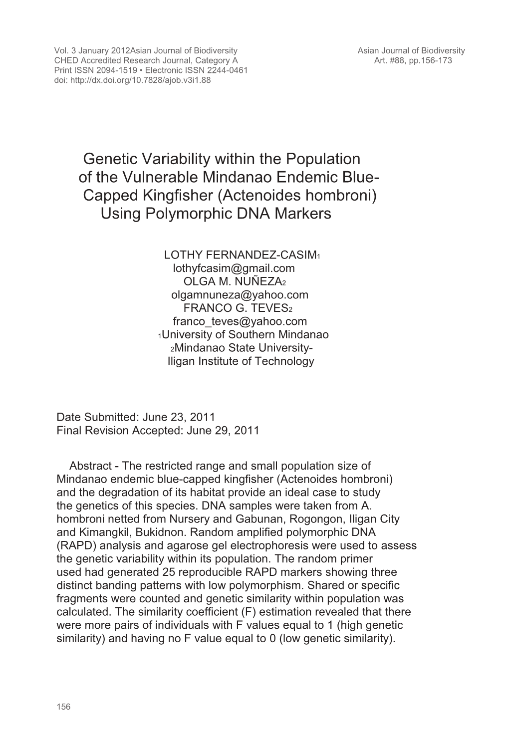 Actenoides Hombroni) Using Polymorphic DNA Markers